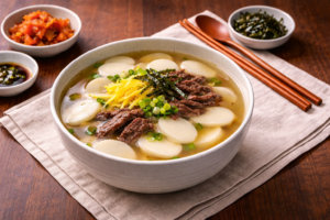 Tteokguk, sopa de pastel de arroz coreana, kfoodstore chile